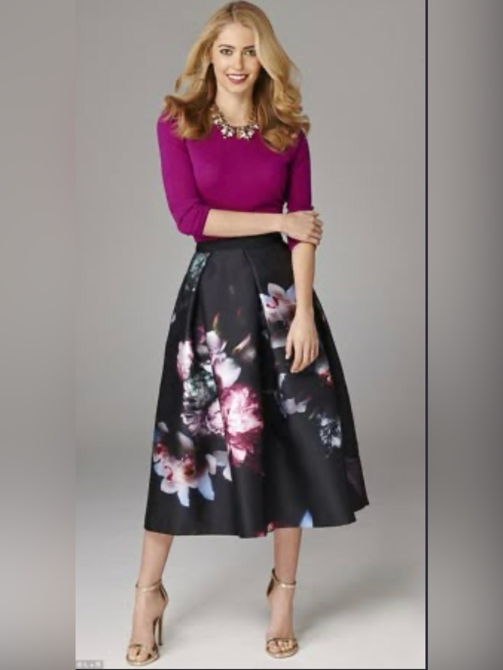 Ted Baker Black Midi Skirt with Pink & Purple Floral Print